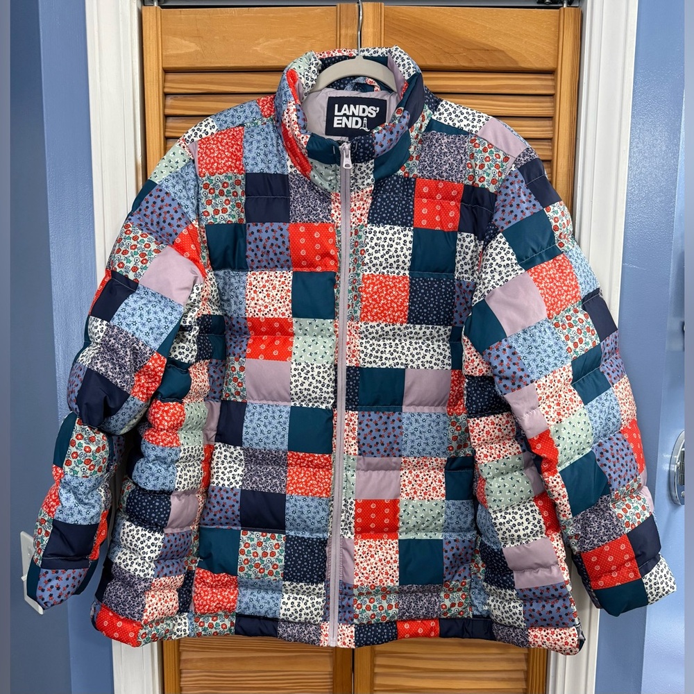 Lands' End Patchwork Puffer Jacket - Red, Blue, White